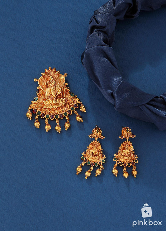 Antique pendant with Lord Krishna idol and matching earrings