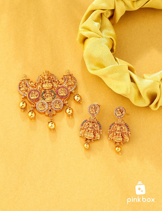 Antique pendant with Lakshmi devi idol and matching earrings