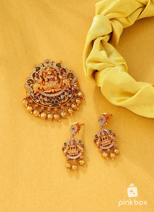 Antique pendant with Lakshmi devi idol and matching earrings