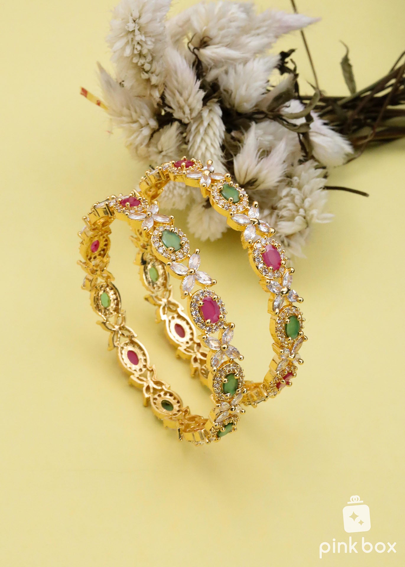 CZ Bangles with floral design and White, pink Semi precious stones