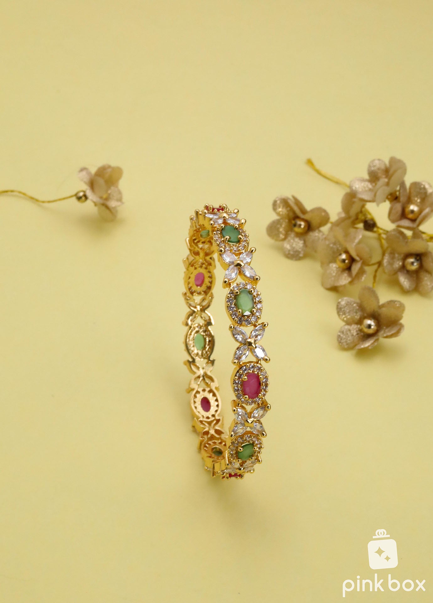 CZ Bangles with floral design and White, pink Semi precious stones