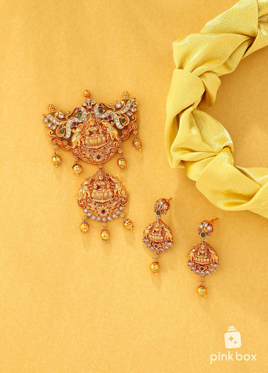 Antique pendant with Lakshmi devi idol and matching earrings