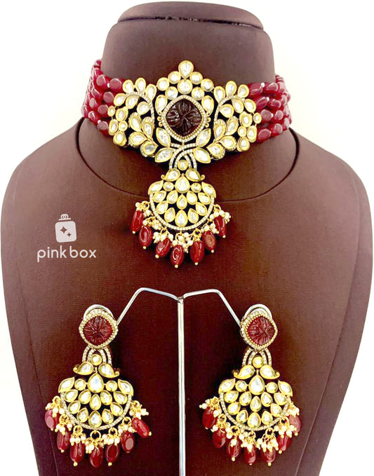 Victoria flower design choker with CZ stones and Maroon color Premium Quality beads