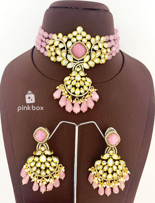 Victoria flower design choker with CZ stones and Rose color Premium Quality beads