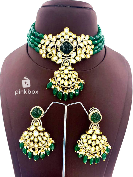 Victoria flower design choker with CZ stones and Green color Premium Quality beads