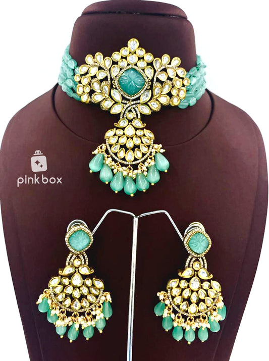 Victoria flower design choker with CZ stones and cyan color Premium Quality beads