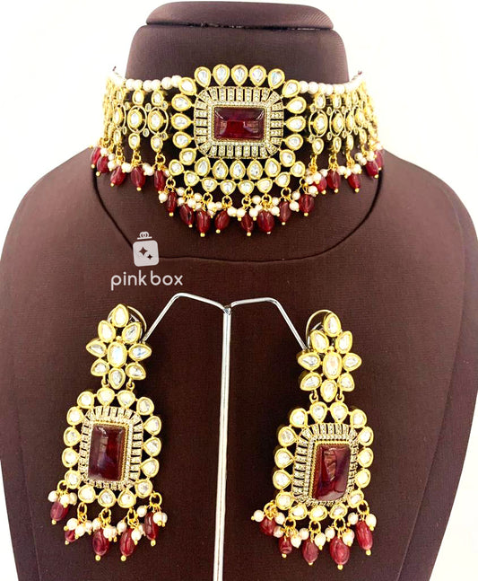 Victoria Rectangle design choker with CZ stones and Maroon color Premium Quality beads