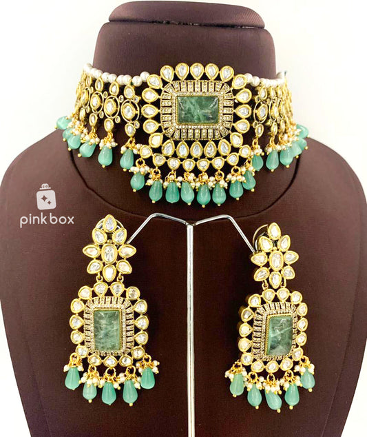 Victoria Rectangle design choker with CZ stones and cyan color Premium Quality beads