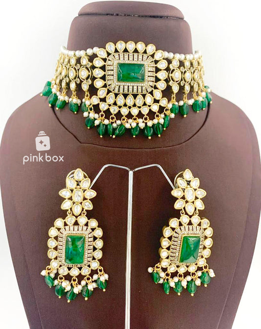 Victoria Rectangle design choker with CZ stones and Green color Premium Quality beads