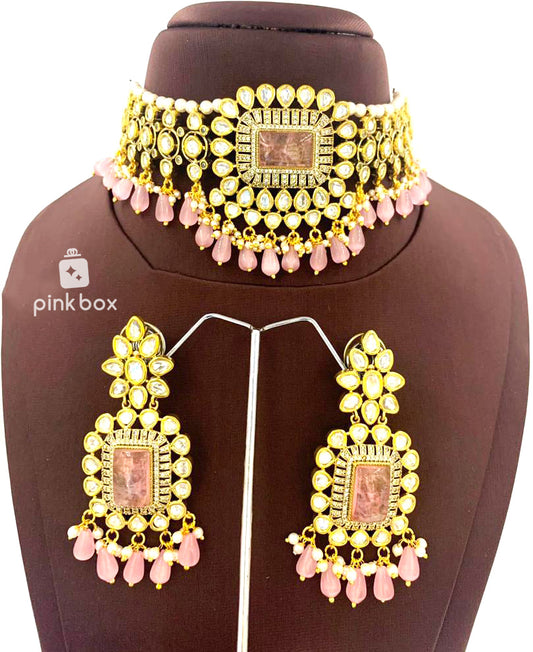 Victoria Rectangle design choker with CZ stones and Rose color Premium Quality beads