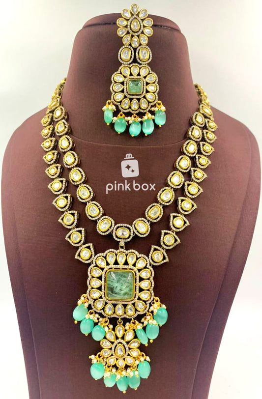 Victoria Double layer haram with Beautiful pendant and Cyan color Premium Quality beads