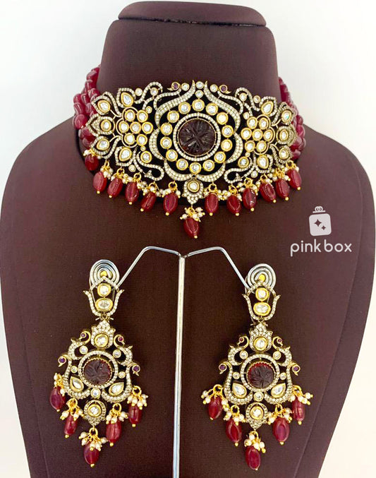 Victoria floral design choker with CZ stones and Maroon color Premium Quality beads