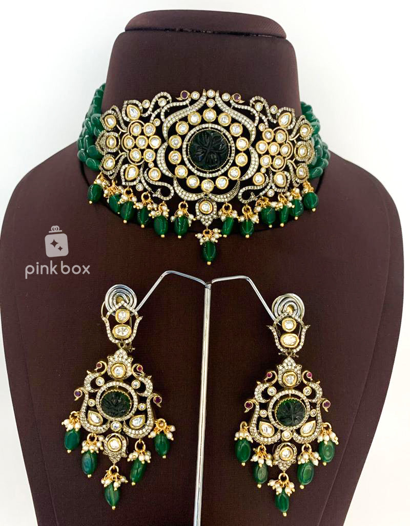 Victoria floral design choker with CZ stones and Green color Premium Quality beads