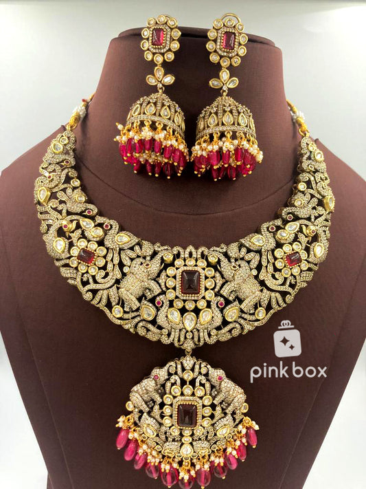 Victoria Necklace with elephant design and Maroon color Premium Quality beads