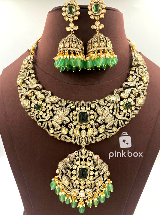 Victoria Necklace with elephant design and Green color Premium Quality beads