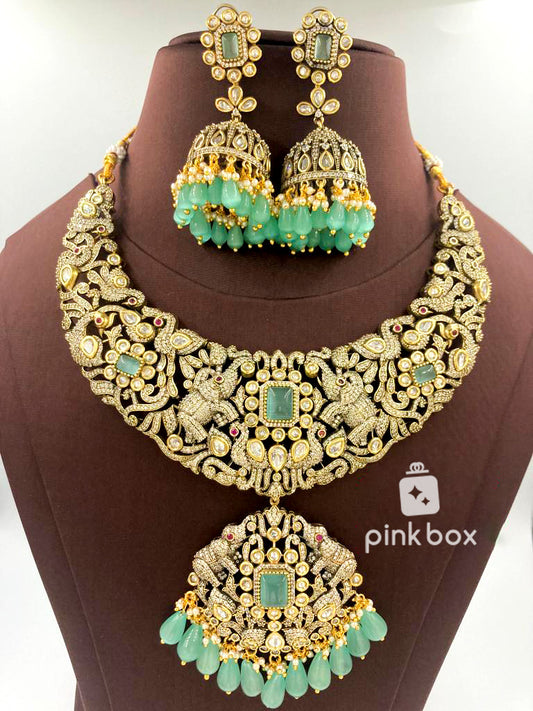 Victoria Necklace with elephant design and Cyan color Premium Quality beads